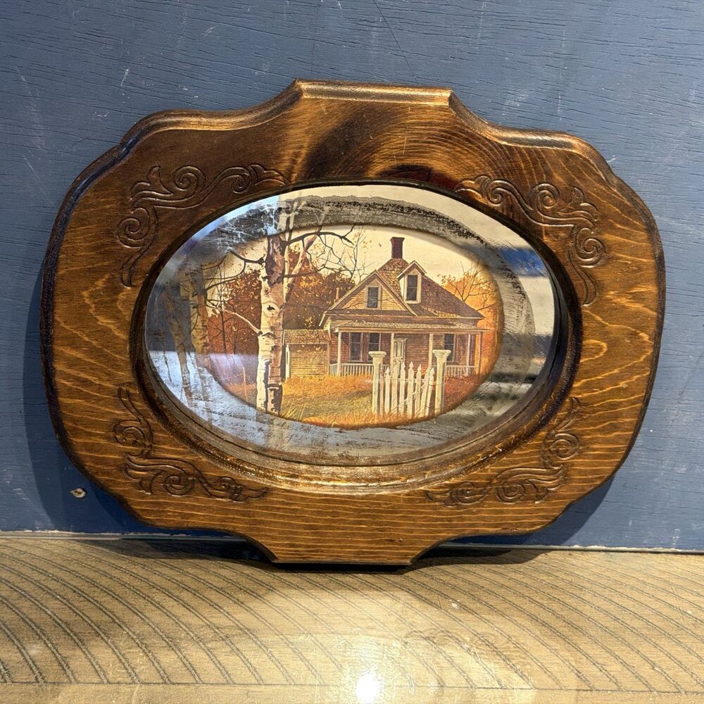 Vtg Framed Mirror Reflective Art Picture House Scenery decor MCM wood rustic